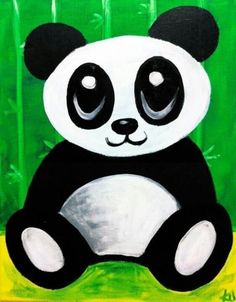 a painting of a panda bear sitting in front of green bamboo trees with the caption's name on it