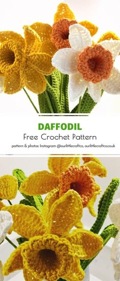 crocheted daffodil flowers in a vase with text overlay that says daffodil free crochet pattern