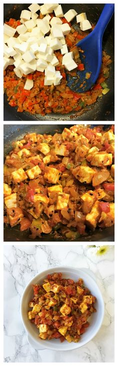 two pictures showing different types of food being cooked in a skillet and then topped with tofu