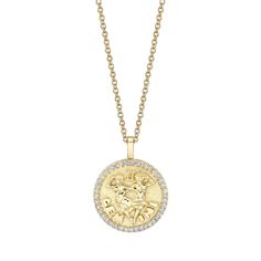 18k gold GEMINI zodiac coin pendant with diamond frame.  .48cts diamonds  20 inch chain with loops at 18 and 16 inch.  *Custom engraving available please email info@anitako for more information.  #AKZC-GEM Zodiac Gemini, Gemini Zodiac