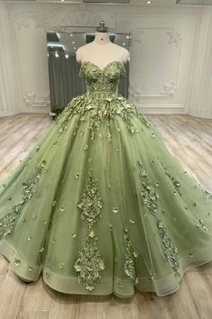 sage green quince dress for 15th birthday Green Ball Gown, Green Quinceanera Dresses, Quinceanera Themes Dresses, Ball Gown Prom Dresses, Gown Prom Dresses, Princesa Tiana, Girls Ball Gown, Tulle Balls, Ball Gown Dress