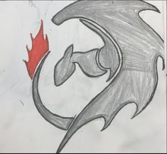 a drawing of a dragon with a red flame coming out of it's mouth