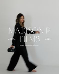 a woman walking across a white background with the words madison p films above her head