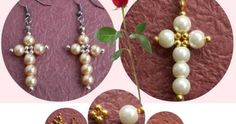 three pictures of different types of earrings with pearls and flowers on them, one has a rose in the middle