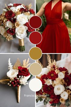 red and gold wedding color palettes for the bride's bouquet, bridal gown