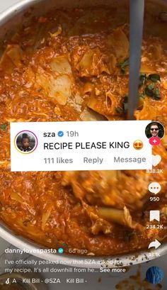 a pan full of food with the message recipe please king on it and an instagram sticker