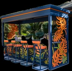 an outdoor bar with orange and blue chairs, palm trees in the backgroud