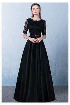 Shop modest black satin aline party dress with lace sleeves online. Sheprom offers formal, party, casual & more style dresses to fit your special occasions. Modest Black Dress, Party Dresses Black, Slavic Style, Dress With Lace Sleeves, Dress Outfits Party, Elegant Wedding Guest Dress, Evening Dress Long, Formal Evening Gown, Dresses Satin