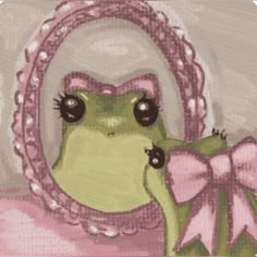 a painting of a frog in front of a mirror with a pink bow on it's head