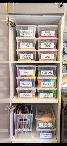 several plastic containers are stacked on top of each other in the pantry shelving unit