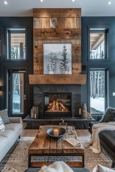 a living room filled with furniture and a fire place in front of a window covered in snow