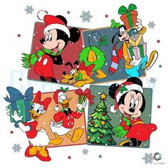 mickey and minnie mouse christmas cards with snowflakes on the bottom, santa's sleigh in the background