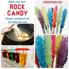 there are many different colored candy sticks in the glass vases, and one is holding a whisk