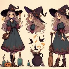 three cartoon characters dressed in witches costumes