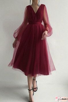 Burgundy Long Sleeve V-Neck Tulle Prom Dress. PRODUCT DETAILS SKU: FF2536. Available In Burgundy, Champagne, Pink, and Black. Office, Cocktail, Homecoming, Party, Prom. Long Sleeves. Zipper Closure. A-line. Tea Length. About 105 cm. Polyester. Pleated Party Dress, Fashion Attire, Tulle Prom Dress, Versatile Dresses, Long Sleeve Midi Dress, Types Of Dresses, Birthday Dresses, Mesh Dress, Black Midi Dress