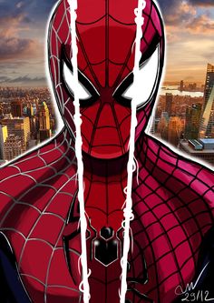 the spider - man is standing in front of a cityscape with his eyes open