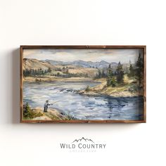 a painting hanging on the wall with a fishing scene painted in it's frame