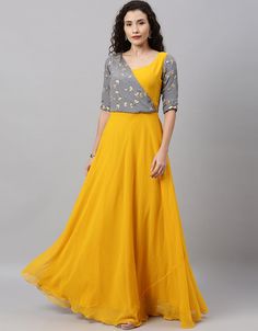 Designer Party Wear Readymade Long Dress Yellow Georgette Pant Dress Front View Festive Sleeveless Spring Gown, Yellow Short Sleeve Party Set, Fitted Short Sleeve Dress For Fancy Dress Occasions, Fitted Short Sleeve Dress For Fancy Occasions, Fitted Short Sleeve Dress For Fancy Dress, Short Sleeve Fitted Dress For Fancy Dress, Yellow V-neck Party Gown, Yellow Fitted Dress For Fancy Dress, Yellow Fitted Dress For Formal Occasions