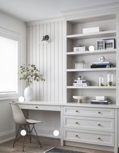 a white desk and chair in a room