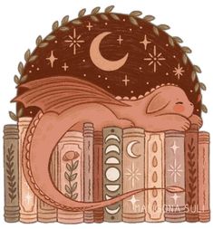 a drawing of a rat sleeping on top of books with the moon and stars above it