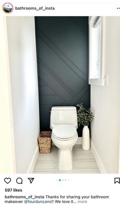 a white toilet sitting inside of a bathroom next to a plant in a window sill