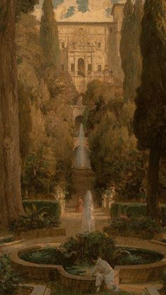 a painting of a fountain surrounded by trees and bushes in front of a large building