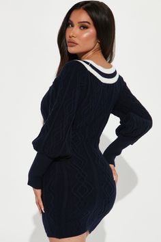 Available In Navy/combo. Sweater Mini Dress Long Sleeve Off Shoulder V-Neck Balloon Sleeves Stretch 48% Acrylic 27% Polyester 25% Nylon Imported | Varsity Girl Sweater Mini Dress in Navy Blue size Medium by Fashion Nova Sweater Mini Dress, Mini Dress Long Sleeve, Xl Fashion, Mini Sweater Dress, Dress Long Sleeve, Girls Sweaters, Balloon Sleeves, Dress Long, Fashion Nova