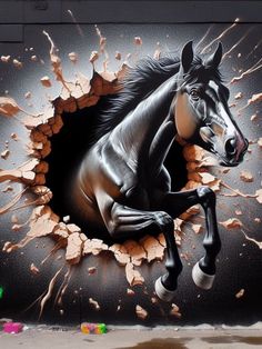 a painting of a horse breaking through a wall