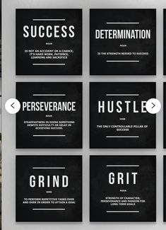 six black and white business cards with the words,'success, perseverance,