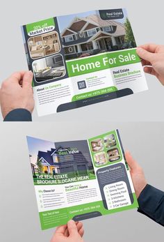 two hands holding an open house for sale brochure with green and white colors