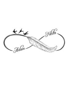 a drawing of a feather with the name written on it and two birds flying in the sky