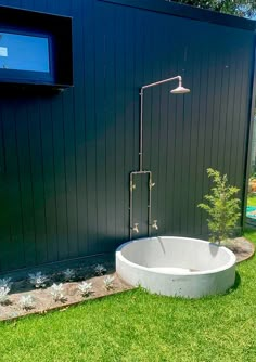 a bath tub sitting in the middle of a lush green yard