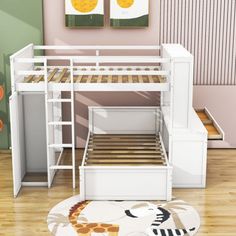 a white bunk bed sitting on top of a hard wood floor next to a rug