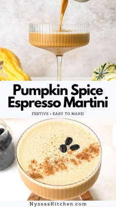 pumpkin spice espresso martini in a glass with the text overlay that reads, pumpkin spice espresso martini festive easy to make