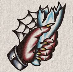 a drawing of a hand holding a knife with spider webs on it and the words i love you