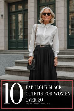 Discover black outfits tailored for women over 50 that bring effortless style to any wardrobe. From timeless classics to casual chic, each outfit idea is crafted to inspire confidence and elegance. Explore pieces that flatter and enhance, giving you a polished look every day. #Over50Style #BlackOutfits #ClassyLookFor50Plus Classic Tailored Style Women, Dressy Black Pants Outfit, Party Outfit Over 50, Black And White Party Outfit Women, Black Pants Outfit Dressy, Stylish Black Outfits, Black Blouse Outfit, Black Outfits For Women, Black Dress Elegant