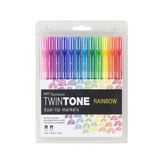 the twintone dual tip markers are in a plastic package with rainbows on it