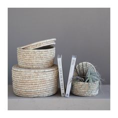 three woven baskets sitting on top of each other next to a plant in a pot