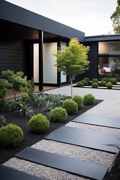 a modern house with landscaping in the front yard