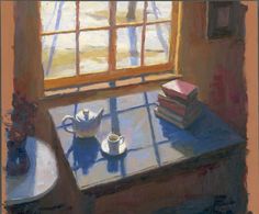 a painting of a table with books and a teapot on it next to a window