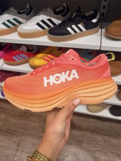 Bondi 8 shoes in color coral/papaya Running Vision Board, 21st Birthday Wishlist, Hoka Sneakers, Running Fits, Cute Running Shoes, Runner Aesthetic, Workout Outfit Ideas, Hoka Running, Hoka Bondi 8