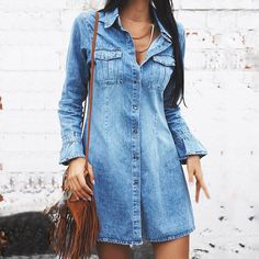 F00075073-104 Daily Casual Outfits, Casual Outfits Dress, Denim Shirt Dress Women, Fitted Denim Dress, Denim Crochet, Royal Blue Outfits, Long Sleeve Denim Dress, Denim Shirt Style, Denim Party