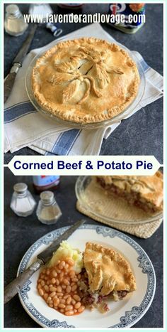 two pictures showing different types of pies on plates