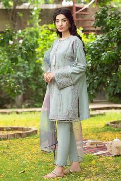 Lawn Kameez And Cambric Trouser Pakistani Eid Dress Spring Designer Chanderi Dress, Spring Chanderi Dress, Silk Dresses With Chikankari Embroidery, Eid Dresses With Chikankari Embroidery, Semi-stitched, Elegant Embroidered Straight Kurta Dress For Spring, Unstitched Chikankari Embroidery Dress For Eid, Eid Dresses With Zari Work In Cambric, Eid Dress With Chikankari Embroidery On Chinon, Eid Festival Cambric Dress With Zari Work