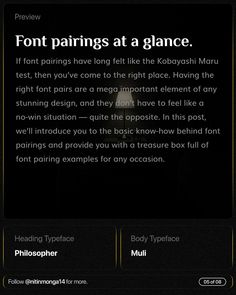 the text on the screen reads font pairings at a glance, if font pairings have long felt like the kabyashi maru