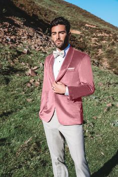 Dusty Rose Velvet Jacket is an Ultra Slim single button shawl lapel jacket with double vents to create an amazing tailored fit Pink Linen Trousers, Rosé Suit, Allure Men, Velvet Tuxedo, Button Shawl, Dusty Rose Wedding, Rose Velvet