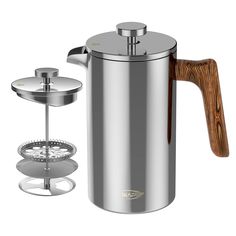 a stainless steel french press coffee maker next to a wooden handle on a white background