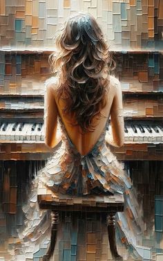 a painting of a woman sitting in front of a piano with her back to the camera