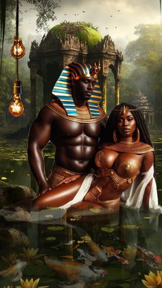 an egyptian man and woman are sitting in the water