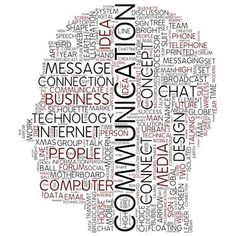 a word cloud with the words communication in red, white and black on top of it